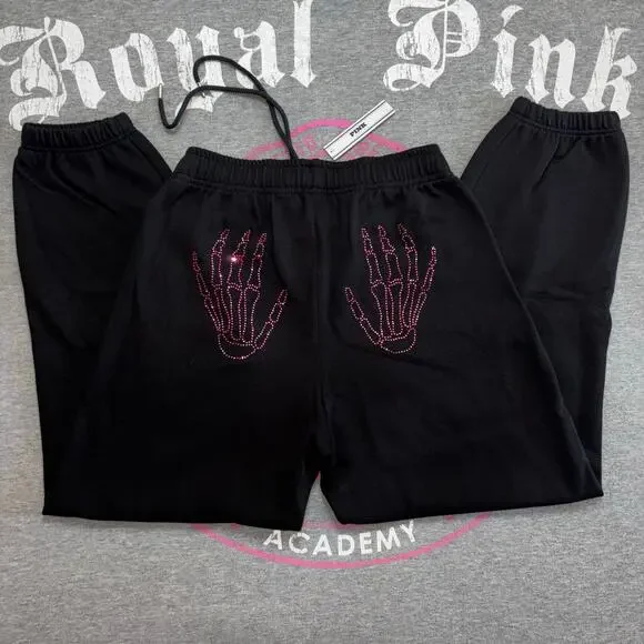 VS PINK Rhinestone Bling Halloween Skeleton Matching Campus Tee & Sweatpants Set - Picture 3 of 10